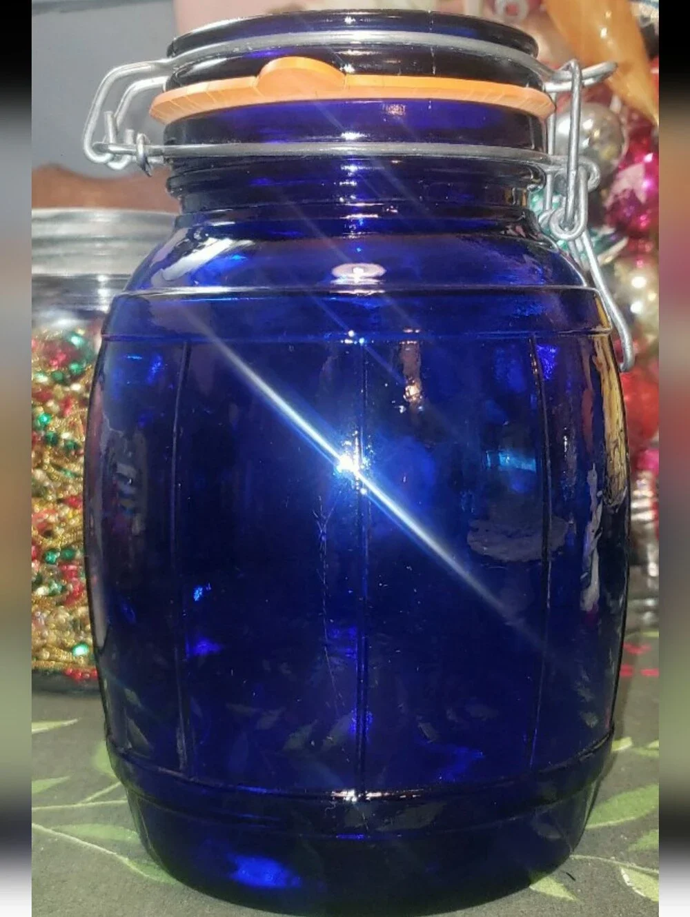 Vintage Barrel Shaped Cobalt Blue Wire Bail Top Glass Jar